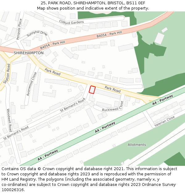 25, PARK ROAD, SHIREHAMPTON, BRISTOL, BS11 0EF: Location map and indicative extent of plot