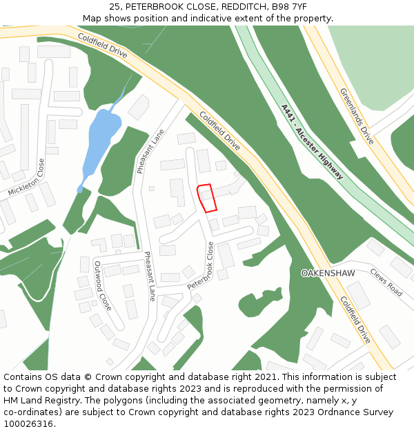 25, PETERBROOK CLOSE, REDDITCH, B98 7YF: Location map and indicative extent of plot