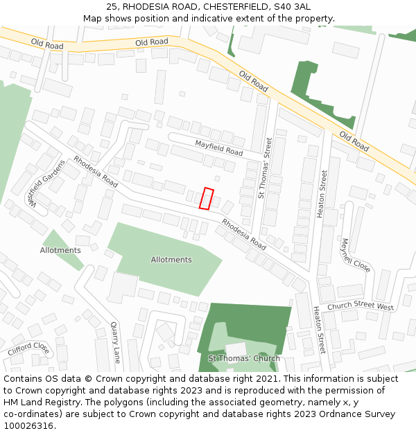 25, RHODESIA ROAD, CHESTERFIELD, S40 3AL: Location map and indicative extent of plot