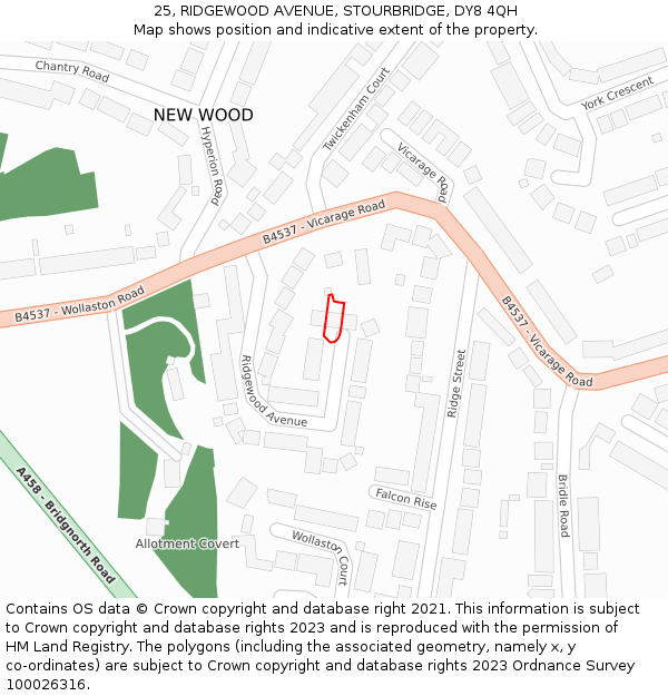 25, RIDGEWOOD AVENUE, STOURBRIDGE, DY8 4QH: Location map and indicative extent of plot