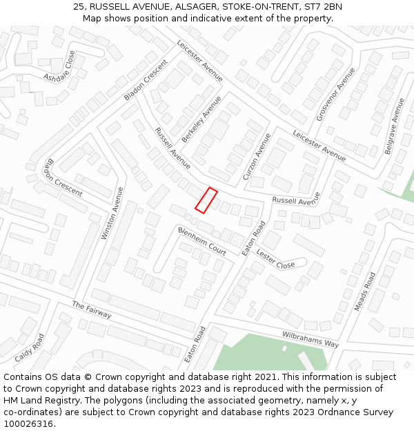 25, RUSSELL AVENUE, ALSAGER, STOKE-ON-TRENT, ST7 2BN: Location map and indicative extent of plot