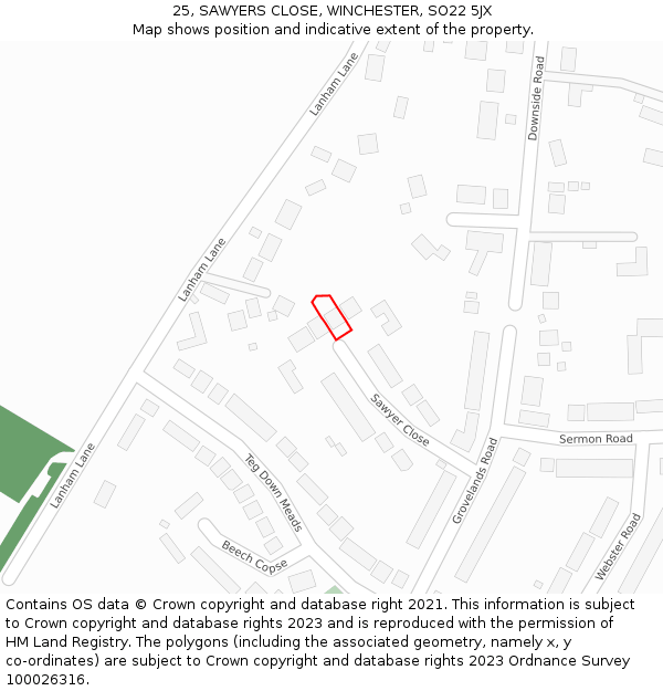 25, SAWYERS CLOSE, WINCHESTER, SO22 5JX: Location map and indicative extent of plot