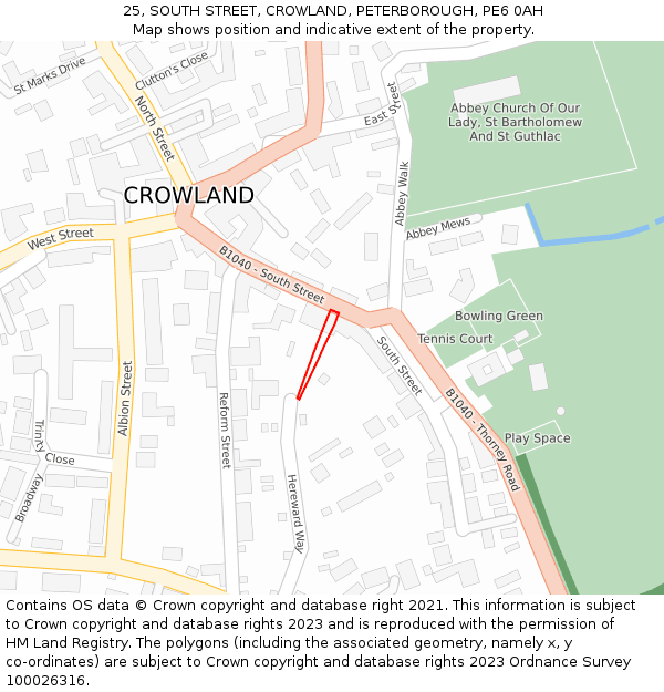 25, SOUTH STREET, CROWLAND, PETERBOROUGH, PE6 0AH: Location map and indicative extent of plot