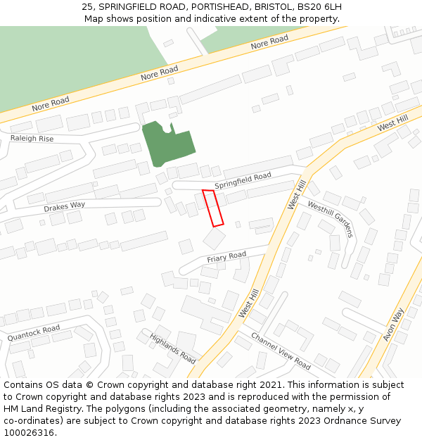 25, SPRINGFIELD ROAD, PORTISHEAD, BRISTOL, BS20 6LH: Location map and indicative extent of plot