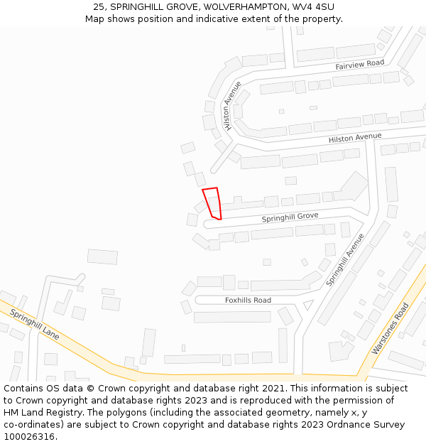 25, SPRINGHILL GROVE, WOLVERHAMPTON, WV4 4SU: Location map and indicative extent of plot