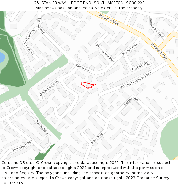 25, STANIER WAY, HEDGE END, SOUTHAMPTON, SO30 2XE: Location map and indicative extent of plot