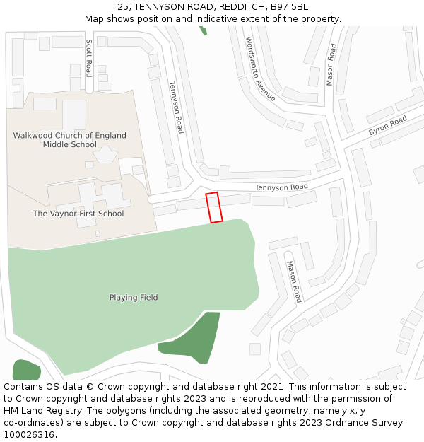 25, TENNYSON ROAD, REDDITCH, B97 5BL: Location map and indicative extent of plot