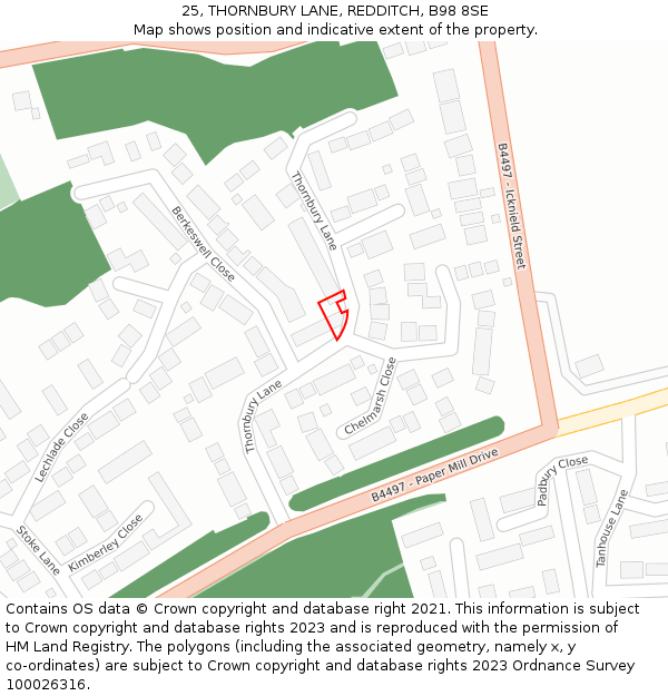 25, THORNBURY LANE, REDDITCH, B98 8SE: Location map and indicative extent of plot