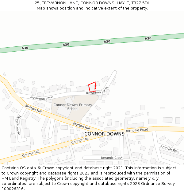 25, TREVARNON LANE, CONNOR DOWNS, HAYLE, TR27 5DL: Location map and indicative extent of plot