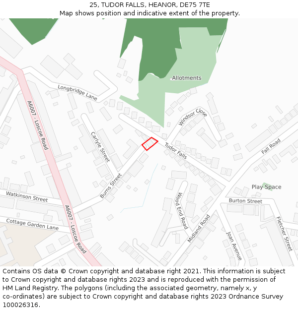 25, TUDOR FALLS, HEANOR, DE75 7TE: Location map and indicative extent of plot
