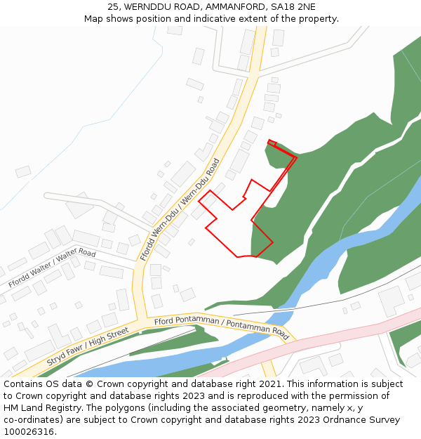 25, WERNDDU ROAD, AMMANFORD, SA18 2NE: Location map and indicative extent of plot