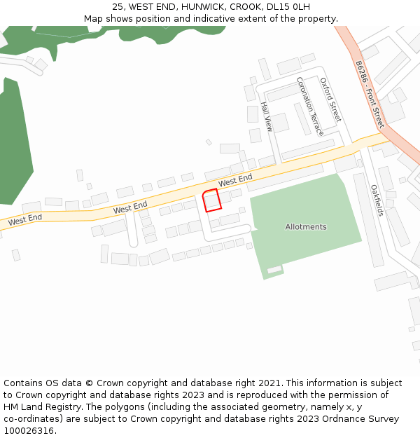 25, WEST END, HUNWICK, CROOK, DL15 0LH: Location map and indicative extent of plot