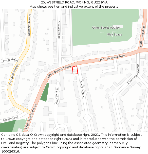 25, WESTFIELD ROAD, WOKING, GU22 9NA: Location map and indicative extent of plot