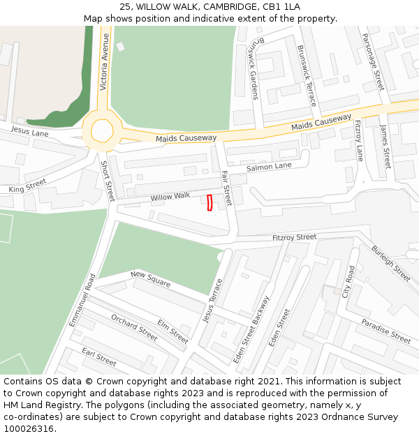 25, WILLOW WALK, CAMBRIDGE, CB1 1LA: Location map and indicative extent of plot