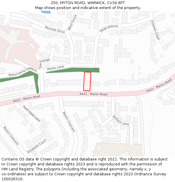 250, MYTON ROAD, WARWICK, CV34 6PT: Location map and indicative extent of plot