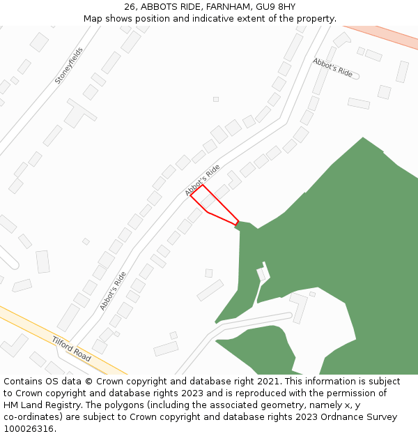 26, ABBOTS RIDE, FARNHAM, GU9 8HY: Location map and indicative extent of plot