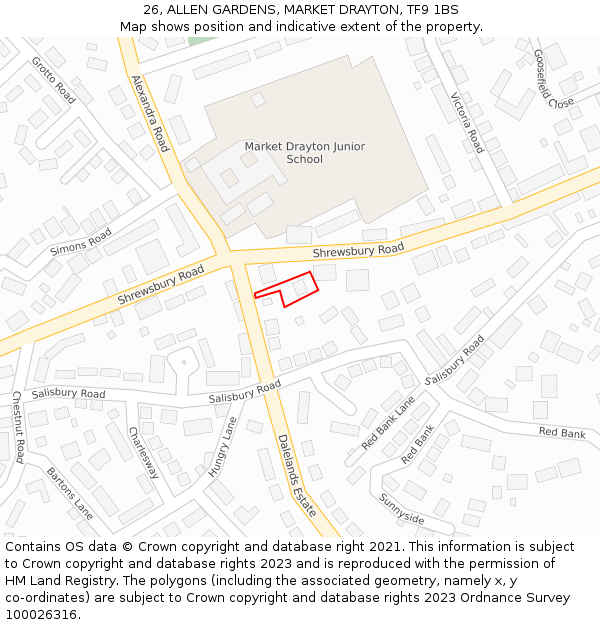 26, ALLEN GARDENS, MARKET DRAYTON, TF9 1BS: Location map and indicative extent of plot