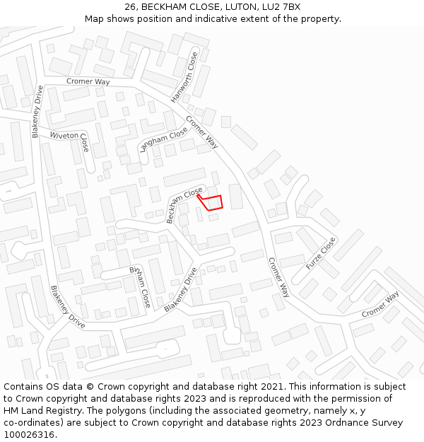 26, BECKHAM CLOSE, LUTON, LU2 7BX: Location map and indicative extent of plot