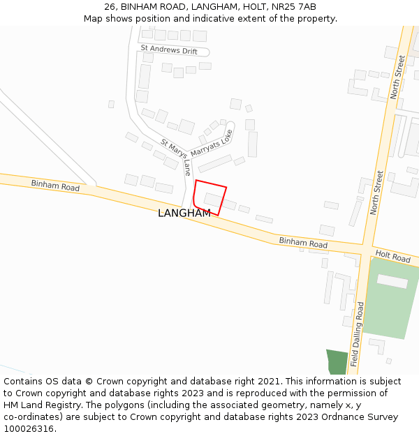 26, BINHAM ROAD, LANGHAM, HOLT, NR25 7AB: Location map and indicative extent of plot