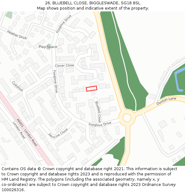 26, BLUEBELL CLOSE, BIGGLESWADE, SG18 8SL: Location map and indicative extent of plot