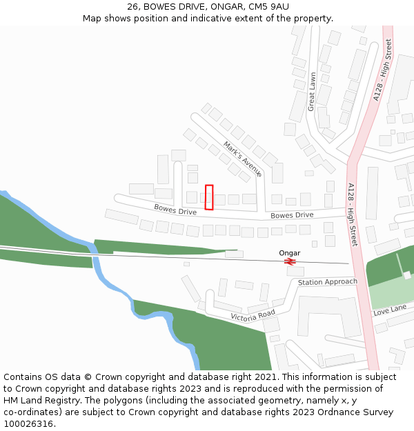 26, BOWES DRIVE, ONGAR, CM5 9AU: Location map and indicative extent of plot