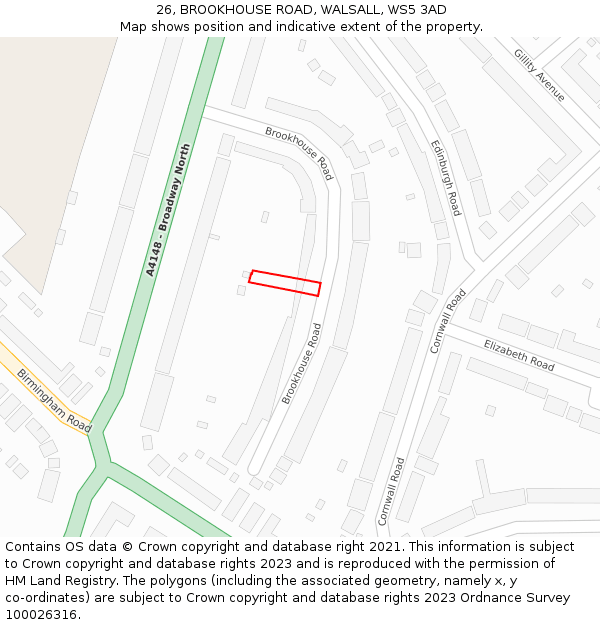 26, BROOKHOUSE ROAD, WALSALL, WS5 3AD: Location map and indicative extent of plot