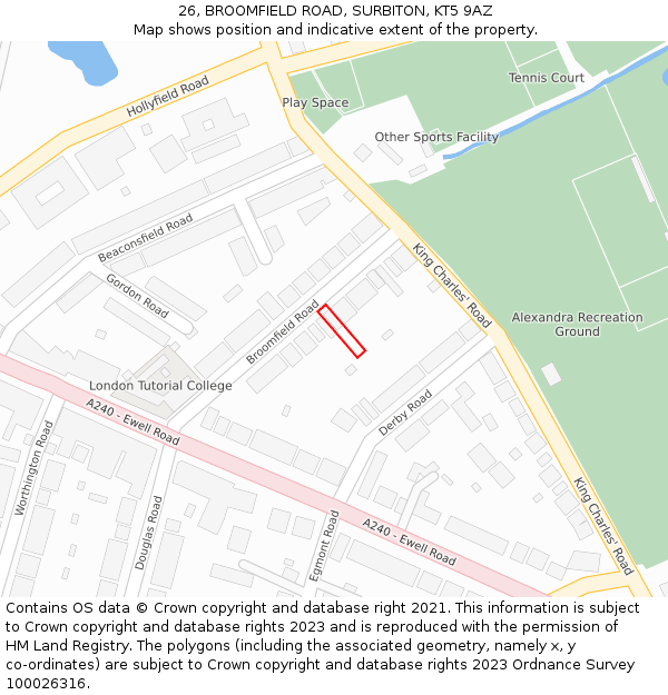 26, BROOMFIELD ROAD, SURBITON, KT5 9AZ: Location map and indicative extent of plot