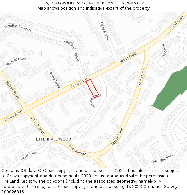 26, BROXWOOD PARK, WOLVERHAMPTON, WV6 8LZ: Location map and indicative extent of plot