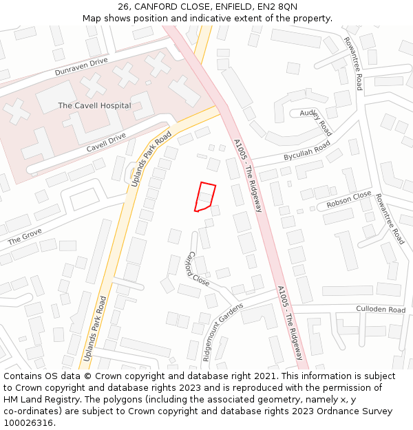 26, CANFORD CLOSE, ENFIELD, EN2 8QN: Location map and indicative extent of plot