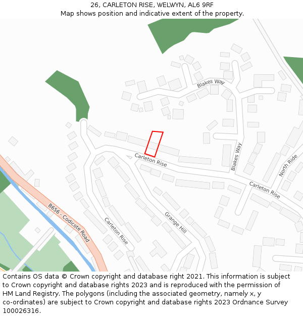 26, CARLETON RISE, WELWYN, AL6 9RF: Location map and indicative extent of plot