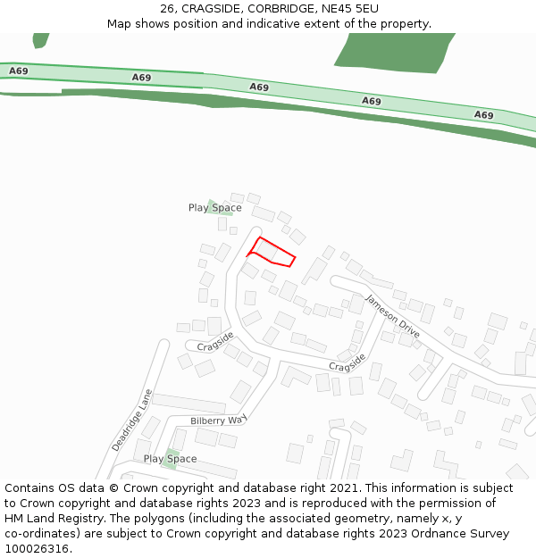 26, CRAGSIDE, CORBRIDGE, NE45 5EU: Location map and indicative extent of plot