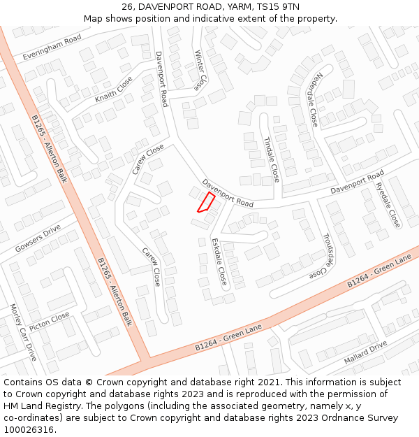 26, DAVENPORT ROAD, YARM, TS15 9TN: Location map and indicative extent of plot