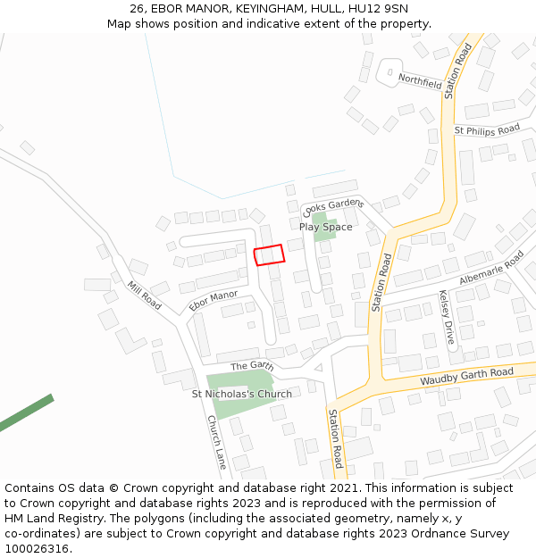 26, EBOR MANOR, KEYINGHAM, HULL, HU12 9SN: Location map and indicative extent of plot