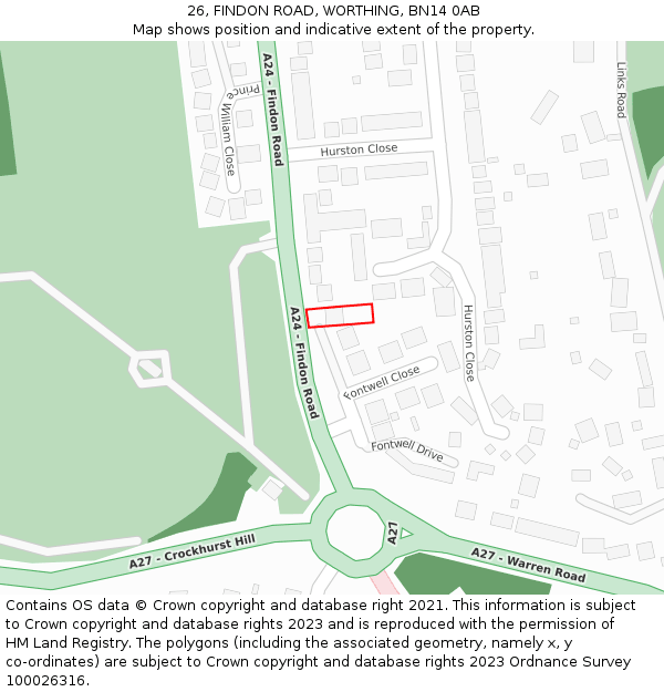 26, FINDON ROAD, WORTHING, BN14 0AB: Location map and indicative extent of plot