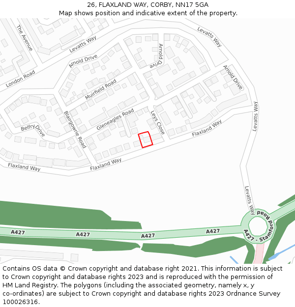 26, FLAXLAND WAY, CORBY, NN17 5GA: Location map and indicative extent of plot