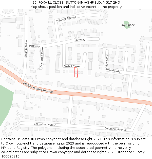 26, FOXHILL CLOSE, SUTTON-IN-ASHFIELD, NG17 2HQ: Location map and indicative extent of plot