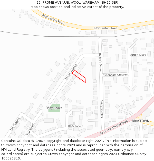 26, FROME AVENUE, WOOL, WAREHAM, BH20 6ER: Location map and indicative extent of plot