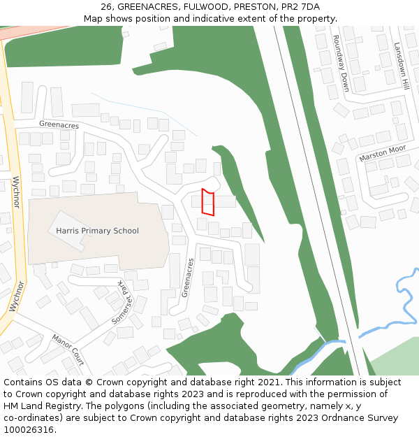 26, GREENACRES, FULWOOD, PRESTON, PR2 7DA: Location map and indicative extent of plot