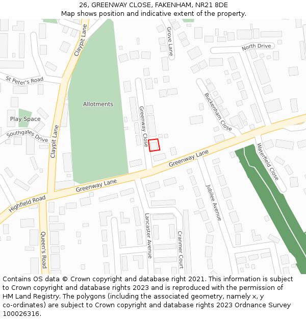 26, GREENWAY CLOSE, FAKENHAM, NR21 8DE: Location map and indicative extent of plot