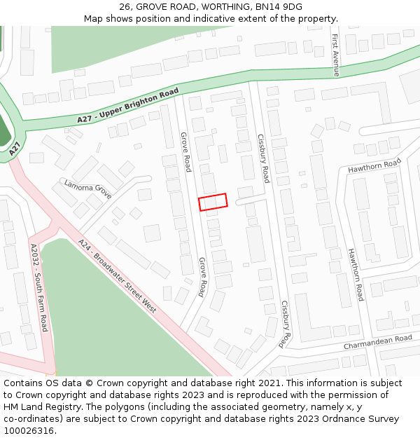 26, GROVE ROAD, WORTHING, BN14 9DG: Location map and indicative extent of plot