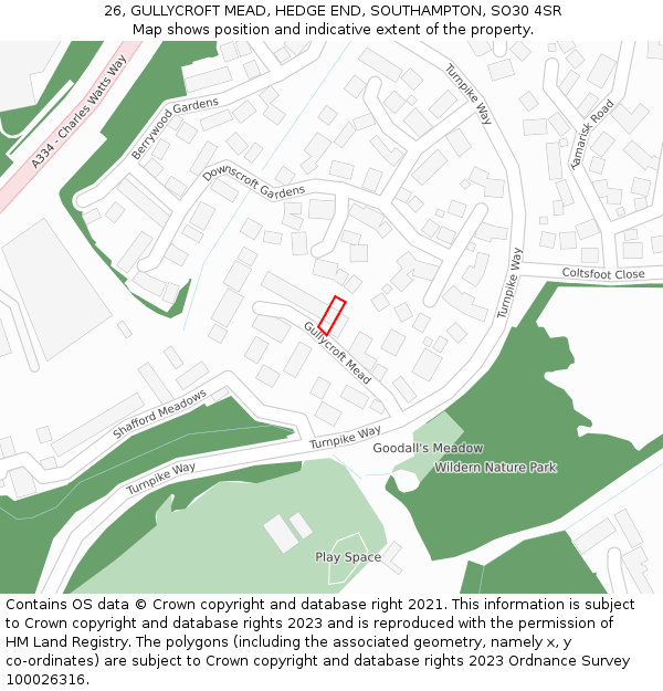 26, GULLYCROFT MEAD, HEDGE END, SOUTHAMPTON, SO30 4SR: Location map and indicative extent of plot