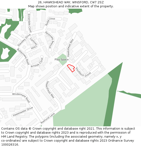 26, HAWKSHEAD WAY, WINSFORD, CW7 2SZ: Location map and indicative extent of plot