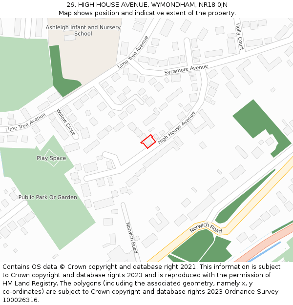 26, HIGH HOUSE AVENUE, WYMONDHAM, NR18 0JN: Location map and indicative extent of plot