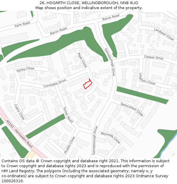 26, HOGARTH CLOSE, WELLINGBOROUGH, NN8 4UG: Location map and indicative extent of plot