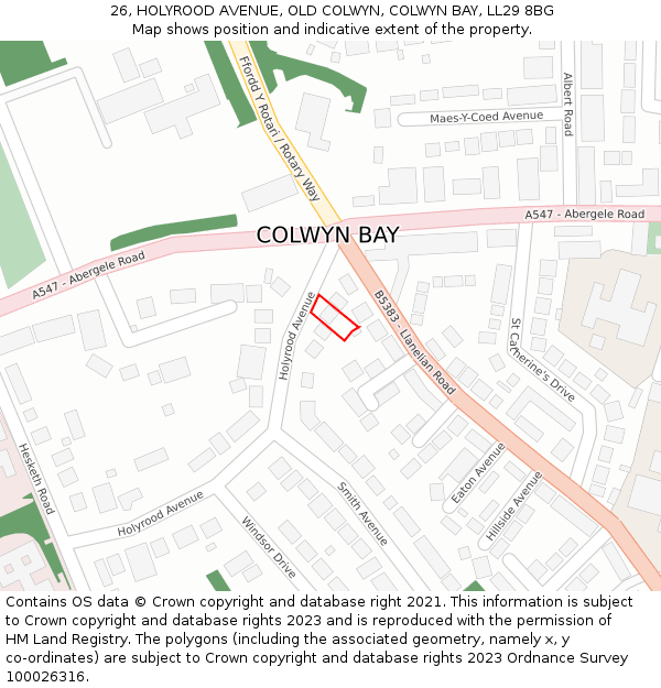 26, HOLYROOD AVENUE, OLD COLWYN, COLWYN BAY, LL29 8BG: Location map and indicative extent of plot