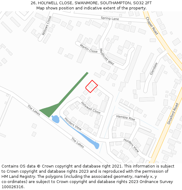 26, HOLYWELL CLOSE, SWANMORE, SOUTHAMPTON, SO32 2FT: Location map and indicative extent of plot