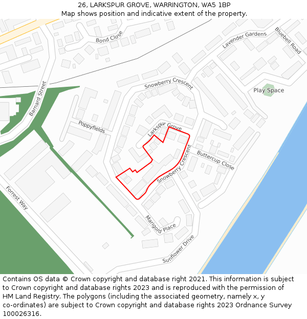 26, LARKSPUR GROVE, WARRINGTON, WA5 1BP: Location map and indicative extent of plot