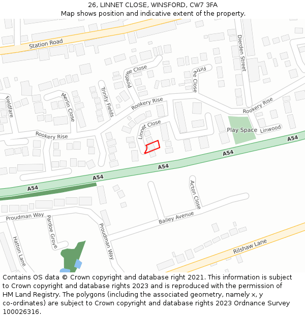 26, LINNET CLOSE, WINSFORD, CW7 3FA: Location map and indicative extent of plot