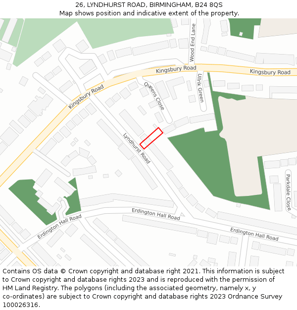 26, LYNDHURST ROAD, BIRMINGHAM, B24 8QS: Location map and indicative extent of plot