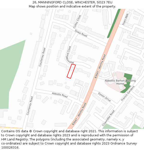 26, MANNINGFORD CLOSE, WINCHESTER, SO23 7EU: Location map and indicative extent of plot